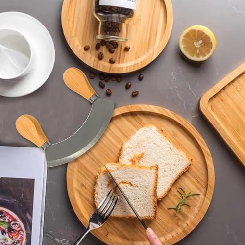 Round Bamboo Serving Tray With Handled Mezzaluna Knife Fruit Bread Salad Plate Round Wood Charcuterie Board Coffee Table Suitable For Storage And Display (Bamboo 8X8 Inch)