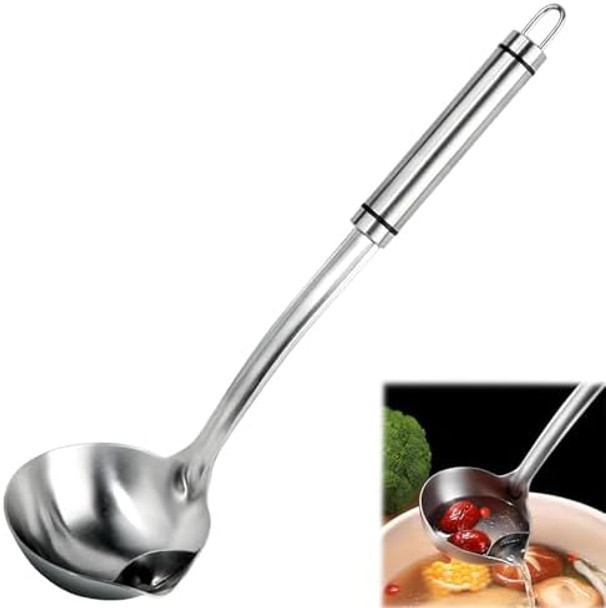 Oil Separator Ladle Stainless Steel Skimmer Spoon – 304 Food-Grade Fat Separator For Soup Hot Pot Broth Stew – Grease Strainer Spoon With Spout Long Handle Dishwasher Safe Rust Resistant