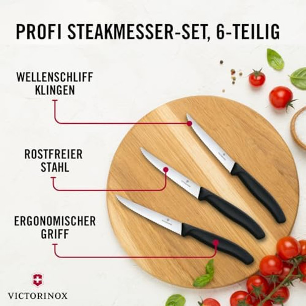 Victorinox 6.7233.6 Swiss Classic Steak Knife Set Ideal For Slicing A Wide Variety Of Steak Cuts Serrated Blade In Black Set Of 6