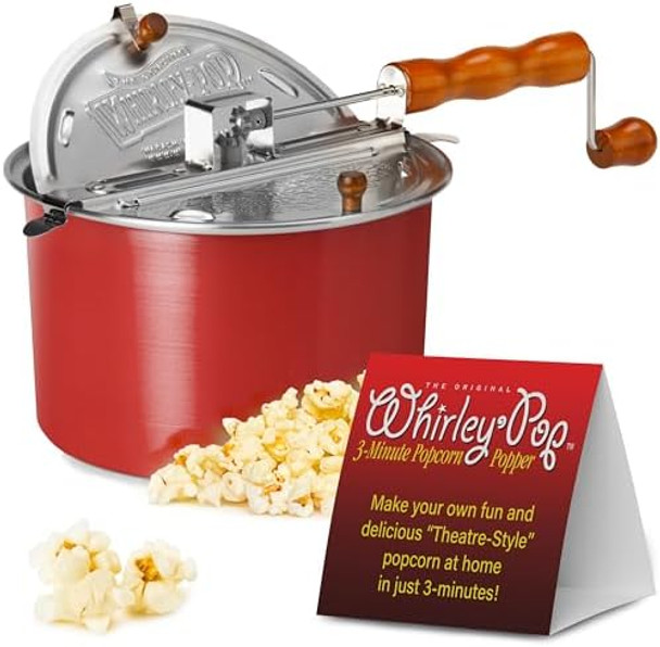 Original Whirley-Pop Popcorn Popper - Nylon Gear - Red And Fun Time Plastic Popcorn Bowl - Wabash Valley Farms Large Plastic Bowl For Popcorn