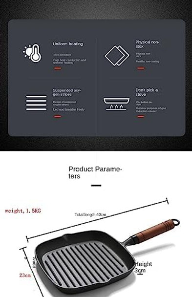 9 Inch Nonstick Grill Pan For Stove Tops Versatile Uncoated Non-Stick Surface Pan Cast Iron Steak Pot Indoor & Outdoor Grilling Clips And Oil Brushes