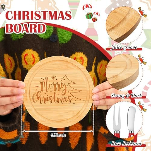 1 Set Christmas Cheese Board Wood For Christmas Party With Knives For Xmas Holiday Party Favor Home Decoration(Round)