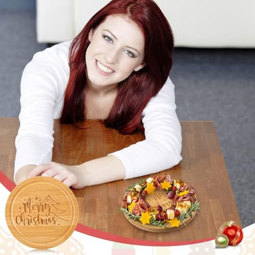 1 Set Christmas Cheese Board Wood For Christmas Party With Knives For Xmas Holiday Party Favor Home Decoration(Round)