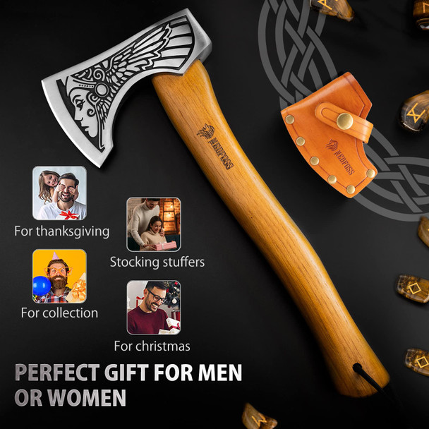NedFoss 13" Valkyrie Viking Axe Handmade Viking Hatchet with Leather Sheath High Carbon 1055 Steel Blade Premium Viking Axes Design for Camping Bushcraft Hatchet Collection Gift for Men Women