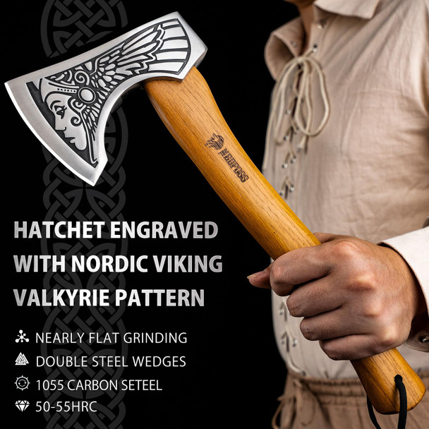 NedFoss 13" Valkyrie Viking Axe Handmade Viking Hatchet with Leather Sheath High Carbon 1055 Steel Blade Premium Viking Axes Design for Camping Bushcraft Hatchet Collection Gift for Men Women