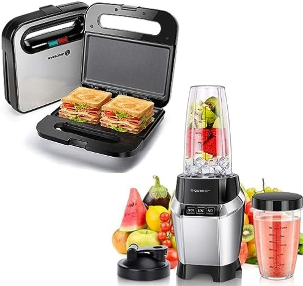 Aigostar Sandwich Maker Non-Stick Panini Press 1000W Bullet Blender For Shakes And Smoothies Personal Blender Breakfast Grilled Cheese Maker Stainless Steel Tostadora De Pan Smoothie Blender