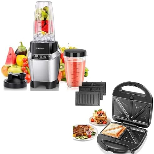 Aigostar Sandwich Maker Bullet Blender For Shakes And Smoothies 3 In 1 Panini Press Grill Waffle Maker With Removable Nonstick Plates Personal Blender For Kitchen