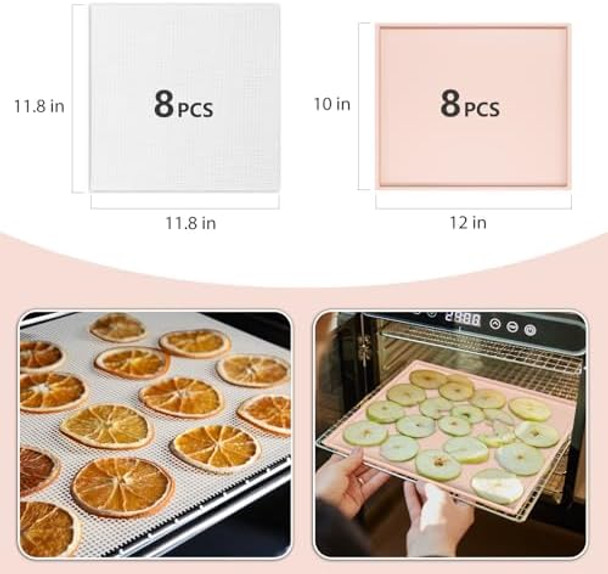 8 Pack Pink Silicone Dehydrator Trays For Liquids And 8 Pcs White Mesh Dehydrator Sheets Nonstick Fruit Leather Trays Multi-Purpose Reusable Mats/Liners For Jerky Fruit Meat Herbs Vegetables Cracker