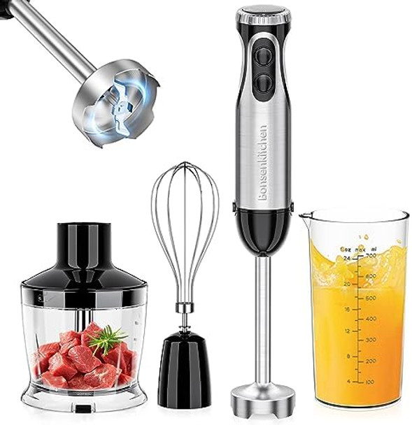 Bonsenkitchen Immersion Blender 20 Variable Speeds & Turbo 4-In-1 Stainless Steel Handheld Blender Powerful Milk Frother For Coffee