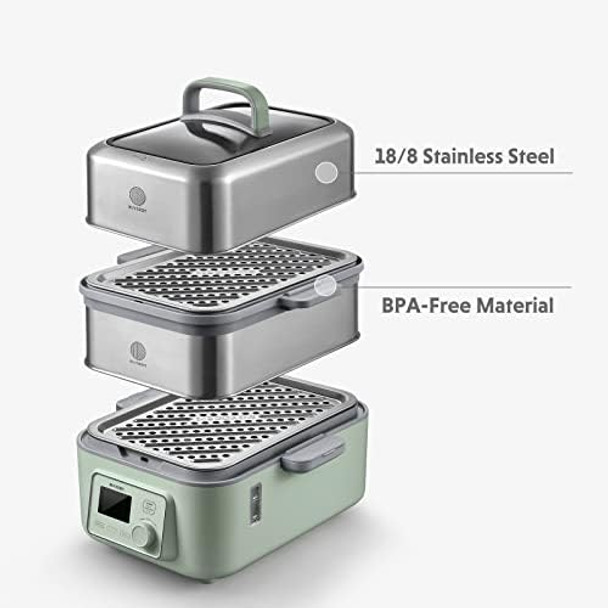 Buydeem G553 5-Quart Electric Food Steamer With Two Ceramic Food Storage Container 35Oz Cozy Greenish One Touch Vegetable Steamer Digital Multifunctional Steamer No Stew Pots Included