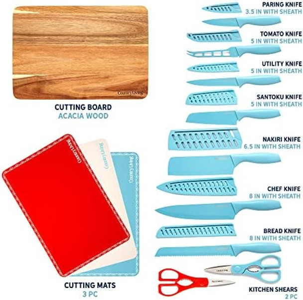 Country Living 20-Piece Kitchen Knife Quality Stainless-Steel Blades With Guards Complete Set Includes Knives Shears Acacia Cutting Board And Flexible Chopping Mats Blue