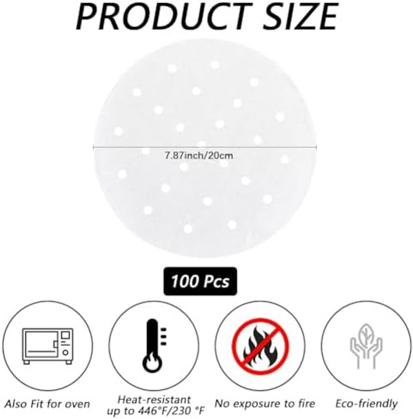 Creatcabin 100Pcs 8 Inch Parchment Paper Steamer Liner Food Steamer Paper Flat Round Air Fryer Bamboo Dumpling Small Perforated Sum Buns Mat Liners Pads For Home Kitchen Restaurant Food Cooking