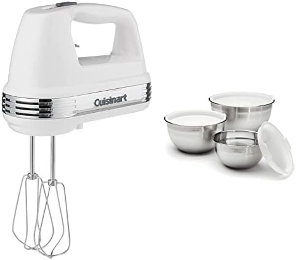 Cuisinart Power Advantage 5-Speed Hand Mixer White And Cuisinart Stainless Steel Mixing Bowls 3-Piece Set