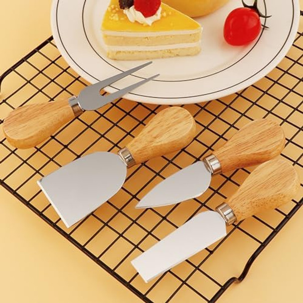 4-Piece Cheese Knife Set Cheese Knives Cheese Knife Set Wooden Handle Stainless Steel Cheese Slicer Fork Spreader For Cheese Butter Pizza Cake Cutlery Cheese Knife