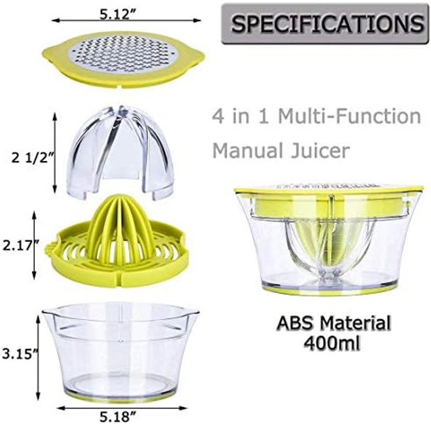 Citrus Lemon Orange Juicer Manual Hand Squeezer With Built-In Measuring Cup And Grater 12Oz Green