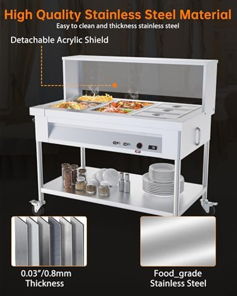 72Qt Electric Commercial Food Warmer 9X8Qt Steam Table Stainless Steel Bain Marie W/Acrylic Shield Overshelf Undershelf Temperature Control & Lid For Buffet Party Restaurant 1500W 110V
