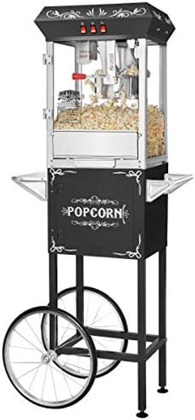 Foundation Popcorn Machine With Cart - 8Oz Popper With Stainless-Steel Kettle Warming Light And Accessories Black