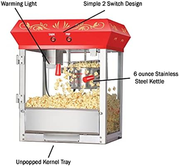 Princeton Popcorn Machine With Cart - 8Oz Popper With Stainless-Steel Kettle Warming Light And Accessories By Great Northern Popcorn (Red)