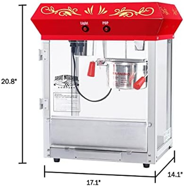 Foundation Popcorn Machine - 1.5-Gallon Countertop Popper With 6-Ounce Kettle Old Maids Drawer And Warming Tray By Great Northern Popcorn (Red)