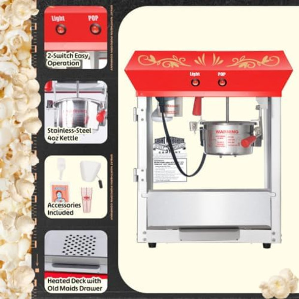 Pop Pup Popcorn Machine - 2.5Oz Popper With Stainless-Steel Kettle Serving Tray Warming Light And Accessories By Great Northern Popcorn (Red)