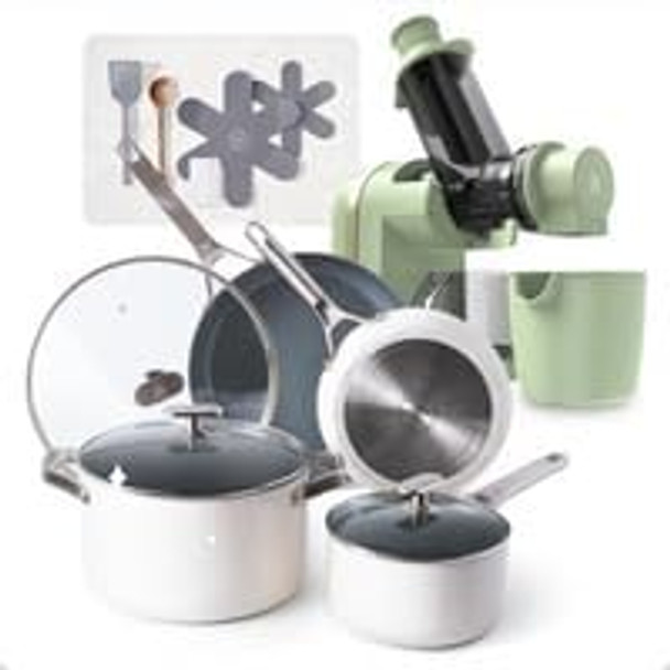Greater Goods Savvy Ceramic Nonstick Cookware Set And Cold Press Juicer Bundle (Birch White/Sage Green)