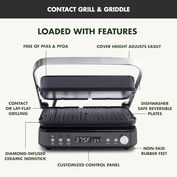 Greenpan 6-In-1 Multifunction Removable Plate Indoor Grill & Electric Griddle Diamond Infused Pfas Ceramic Nonstick Reversible Plates Opens Flat Adjustable Temp Panini Press Black