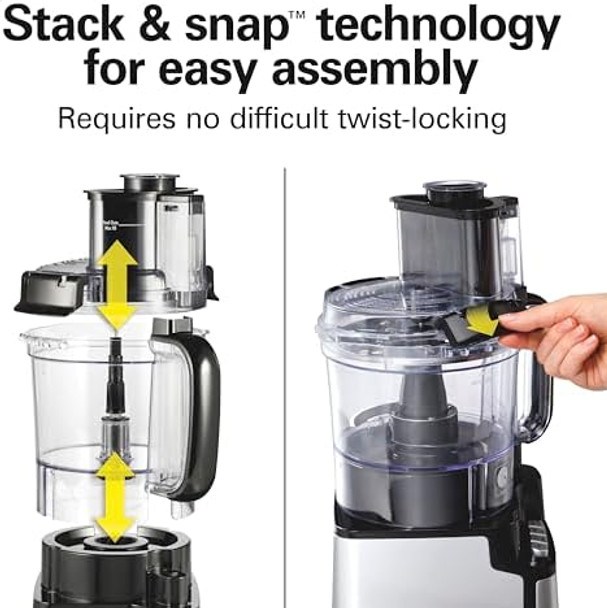 Hamilton Beach Stack & Snap Food Processor And Vegetable Chopper Bpa Stainless Steel Blades 12 Cup Bowl 2-Speed 450 Watt Motor Black (70725A)