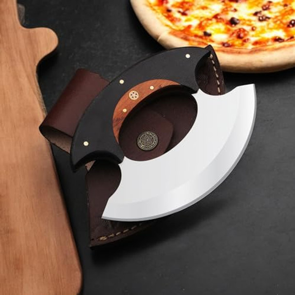 Handmade D2 Steel Ulu Knife - Alaskan Pizza Cutter With Sheath - Multi-Purpose Alaskan Ulu Knife For Skinning Chopping Rocking Mincing Slicing Meat & Herb