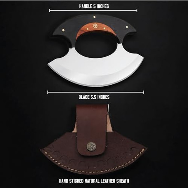 Handmade D2 Steel Ulu Knife - Alaskan Pizza Cutter With Sheath - Multi-Purpose Alaskan Ulu Knife For Skinning Chopping Rocking Mincing Slicing Meat & Herb