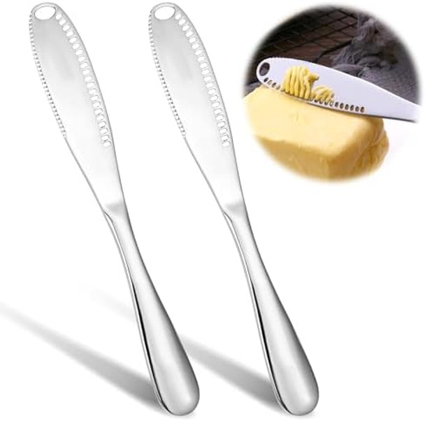 2Pcs Butter Knife Spreader Stainless Steel 3-In-1 Sandwich Curler Slicer And Spreader Durable Straight Edge Butter Grater With Holes Kitchen Serrated For Cold Cream Cheese Jellies