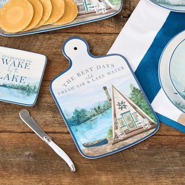 Wake At The Lake Cheese Plate & Oval Tray Set – Rustic Lake House Melamine Serveware With Dip Bowl & Cheese Knife For Charcuterie Appetizers & Dips – Shatterproof Perfect For Cabin Getaways