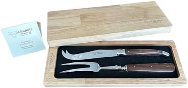 Laguiole En Aubrac 2-Piece Stainless Steel Cheese Knife Set With Fork & Cheese Knife Polished Bolsters Morado Rosewood Handle