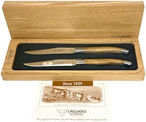 Laguiole En Aubrac Luxury Fully Forged Full Tang Stainless Steel Steak Knives 2-Piece Set Teak Wood Handles Brushed Stainless Steel Bolsters