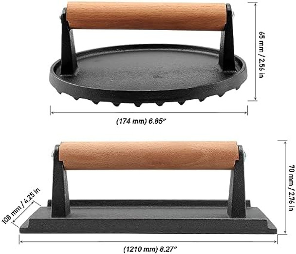 Mouyat 2 Pack Cast Iron Grill Press 6.8 Inch Round And 8 Inch Rectangle Heavy Grill Weight Bacon Griddle Press With Wooden Handle Flat Cooking Weight Press Steak Weights For Bacon Burgers Meat Bbq