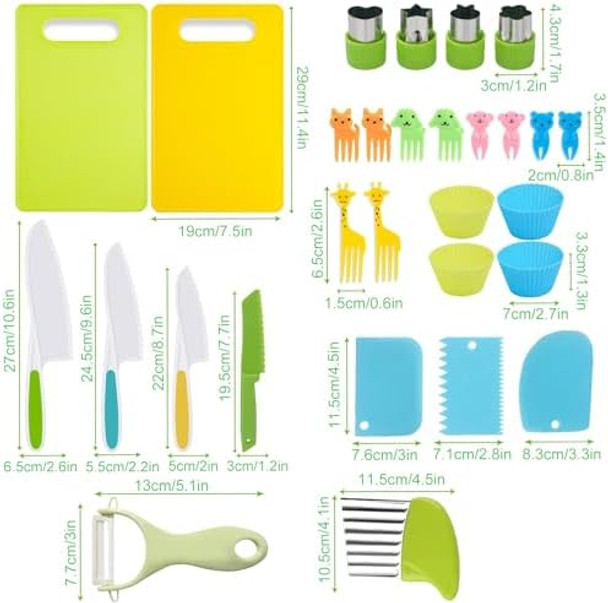 29 Pcs Kids Safe Knife Set For Real Cooking Toddler Kitchen Knives Set Kids Cooking Set Kitchen Tools With Plastic Knives Cutting Board Crinkle Cutters Vegetable Cookie Cutters