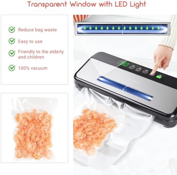 Moist/Dry Vacuum Food Sealer For Food Storage 11.8'' Cutter Up To 20 Feet Roll Storage Countdown Assistant And Visual Window 5 Food Modes For Prep Food