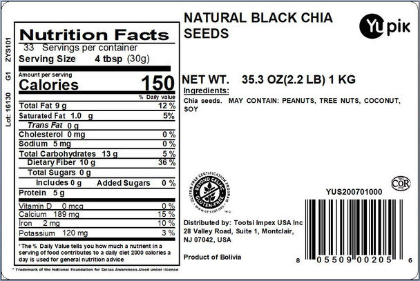 Yupik Raw Black Chia Seeds  2.2 lb 35.2 oz  Gluten-Free  Kosher  Vegan Natural Seeds Plant-Based Superfood  Rich in Fiber  Source of Omega-3  Ideal for Chia Pudding and Smoothies Gels Easily