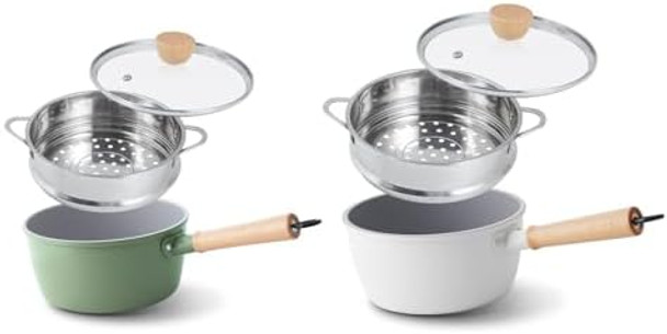 Rockurwok Ceramic Nonstick Sauce Pan With Lid 2Qt & 3Qt Cooking Pot Set Saucepan With Steamer Ptfe& Pfas- Wooden Handle For Cool Touch Universal Base(Gas Electric & Induction)