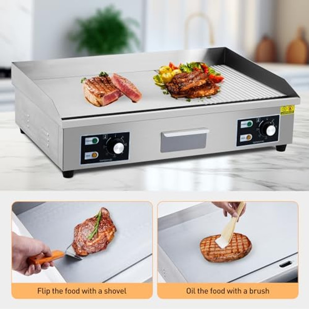 29" Commercial Electric Griddle 3000W Half Grooved Teppanyaki Grill Stainless Steel Electric Countertop Griddle With Drip Hole 122°F-572°F Electric Griddle For Kitchen Restaurant