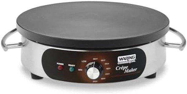 Waring Commercial Wsc160X 16" Electric Crepe Maker Cast Iron Cooking Surface Stainless Steel Base Includes Batter Spreader And Spatula 120V 1800W 5-15 Phase Plug