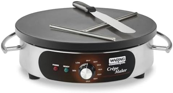 Waring Commercial Wsc160X 16" Electric Crepe Maker Cast Iron Cooking Surface Stainless Steel Base Includes Batter Spreader And Spatula 120V 1800W 5-15 Phase Plug