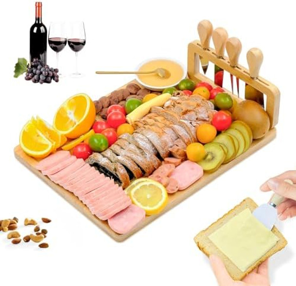 Bamboo Charcuterie Boards Cheese Board Knife Set14‘’X11‘’House Warming s For Home For Mom Couples Bridal Shower Bridesmaid s (13 X 10 X 0.59 Inches)