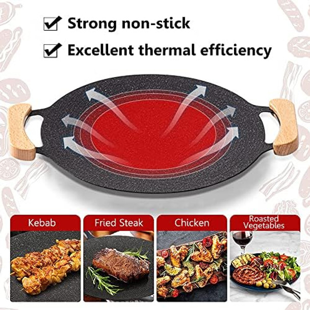 Korean Grill Pan With Nonstick Coating 13" Round Cast Iron Griddle Pan With 2 Wooden Holders Compatible For Induction Gas Stove Electric Cooktop Indoor Or Outdoor Grilling