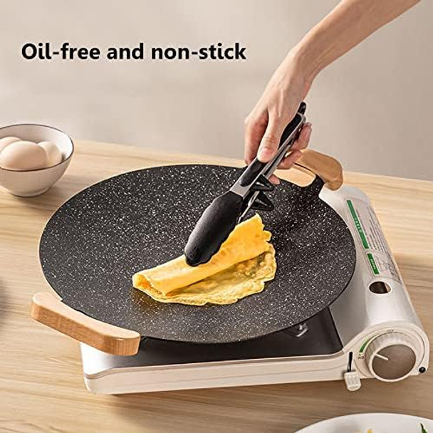 Korean Grill Pan With Nonstick Coating 13" Round Cast Iron Griddle Pan With 2 Wooden Holders Compatible For Induction Gas Stove Electric Cooktop Indoor Or Outdoor Grilling