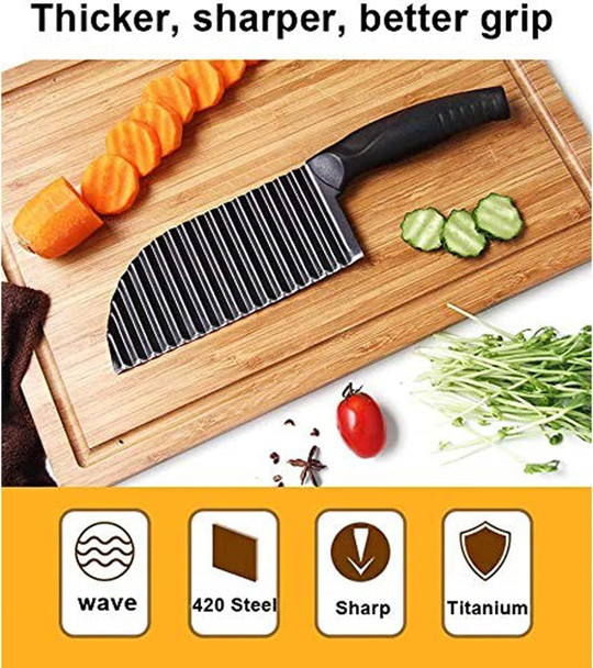 Yukaba Crinkle Potato Cutter 2.9" X 11.8" Stainless Steel Waves French Fries Slicer Handheld Chipper Chopper Vegetable Salad Chopping Knife Home Kitchen Wavy Blade Cutting Tool Black (1 Pack)