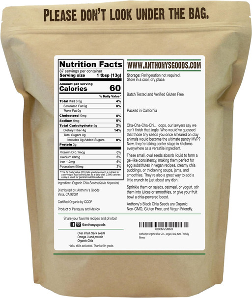 Anthony's Organic Chia Seeds  2.5 lb  Gluten Free  Vegan  Keto Friendly