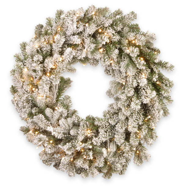 National Tree Company Pre-Lit 'Feel Real' Artificial Christmas Wreath Green Snowy Sheffield Spruce White Lights Decorated with Frosted Branches Christmas Collection 5"D x 24"W x