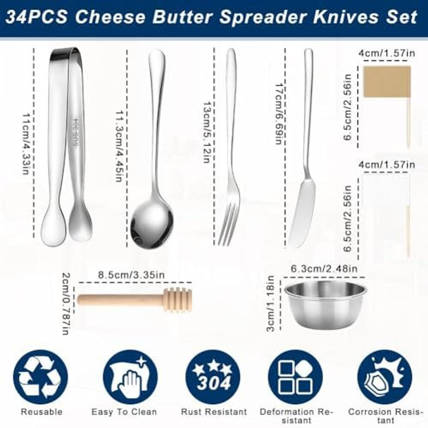 34Pcs Cheese Butter Spreader Knives Set，Abnaok Stainless Steel Charcuterie Board Accessories，Knife Fork Spoon Tongs Bowl Toothpick Flags，Charcuterie Boards Set For Pastry Making，Food Grade