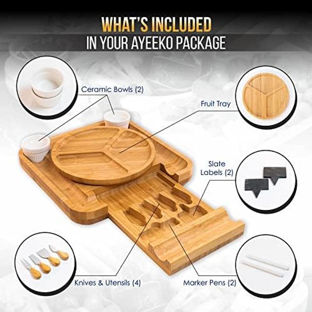 Ayeeko Bamboo Cheese Board & Knife Set Wooden Charcuterie Board & Tray House Warming For Holidays Birthdays Bridal Showers Anniversaries & Weddings Ayeeko Bamboo Cheese Board & Knife Set Wooden Charcuterie Board & Tray House Warming For Holidays Birthdays Bridal Showers Anniversaries & Weddings