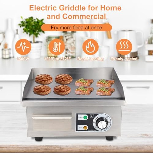 Commercial Electric Griddle 14" Electric Countertop Flat Top Griddle1600W 110V Non-Stick Electric Flat Top Grill Stainless Steel Teppanyaki Grill122℉-572℉ Adjustable Temperature For Restaurant Home Commercial Electric Griddle 14" Electric Countertop Flat Top Griddle1600W 110V Non-Stick Electric Flat Top Grill Stainless Steel Teppanyaki Grill122℉-572℉ Adjustable Temperature For Restaurant Home